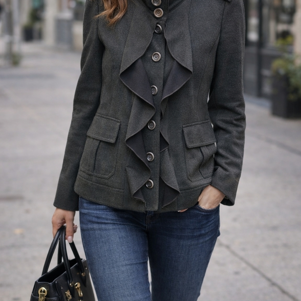 Diane von Furstenberg Green Military Ruffle Jacket Size 10